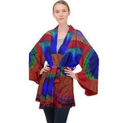 Red Peacock Plumage Fearher Bird Pattern Long Sleeve Velvet Kimono  by Wegoenart