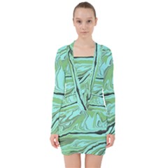 Waves Marbled Abstract Background V-neck Bodycon Long Sleeve Dress by Amaryn4rt
