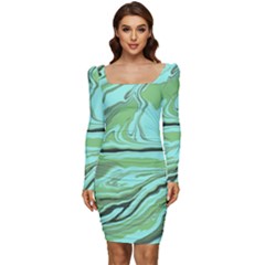 Waves Marbled Abstract Background Women Long Sleeve Ruched Stretch Jersey Dress by Amaryn4rt