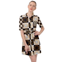 Illustration Checkered Pattern Decoration Belted Shirt Dress by Amaryn4rt