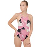 Cat Pattern Backgroundpet High Neck One Piece Swimsuit