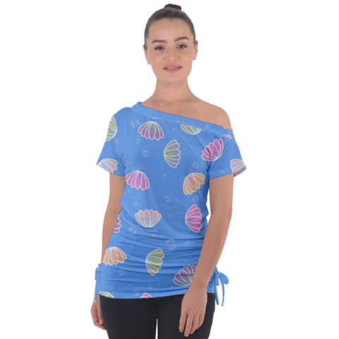 Seashell Clam Pattern Art Design Off Shoulder Tie-up Tee by Amaryn4rt