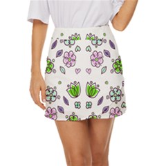 Floral Art Design Pattern Drawing Mini Front Wrap Skirt