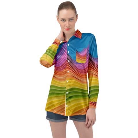  Rainbow Pattern Lines Long Sleeve Satin Shirt by artworkshop