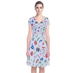 New Year Christmas Winter Watercolor Short Sleeve Front Wrap Dress by artworkshop