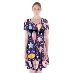Cute-seamless-pattern-with-colorful-sweets-cakes-lollipops Short Sleeve V-neck Flare Dress by Wegoenart