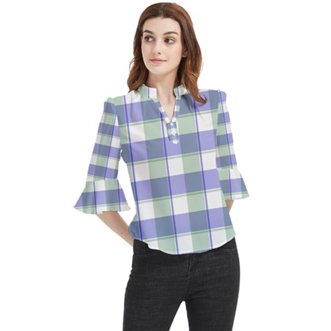 Blue And Green Plaids Loose Horn Sleeve Chiffon Blouse by ConteMonfrey