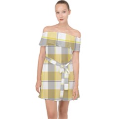 Grey Yellow Plaids Off Shoulder Chiffon Dress by ConteMonfrey