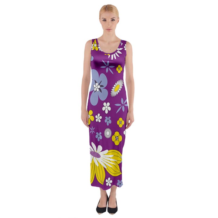 Floral-purple Yellow Fitted Maxi Dress