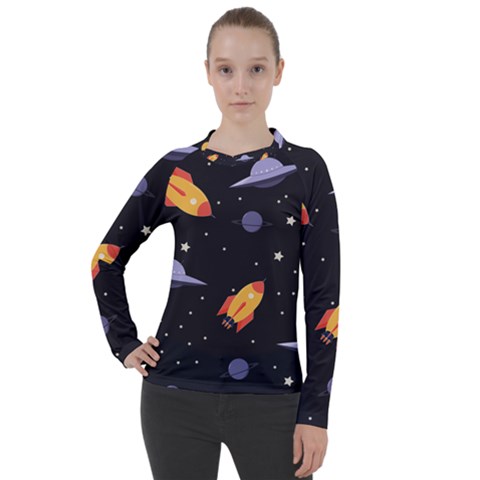 Cosmos Rocket Spaceships Ufo Women s Pique Long Sleeve Tee by Wegoenart