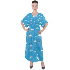Pattern Blue Bubble Pattern Background V-neck Boho Style Maxi Dress by Amaryn4rt
