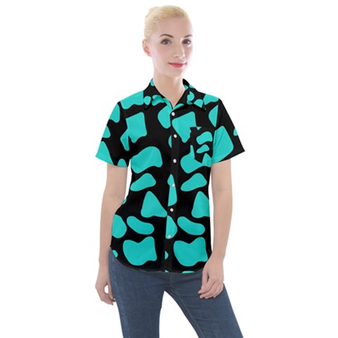 Neon Cow Dots Blue Turquoise And Black Women s Short Sleeve Pocket Shirt by ConteMonfrey