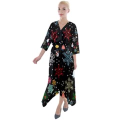 Illustration Xmas Christmas Thanks Giving Pattern Quarter Sleeve Wrap Front Maxi Dress by danenraven
