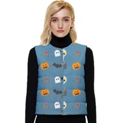 Halloween Cat Pumpkin Pattern Bat Horror Women s Short Button Up Puffer Vest by danenraven