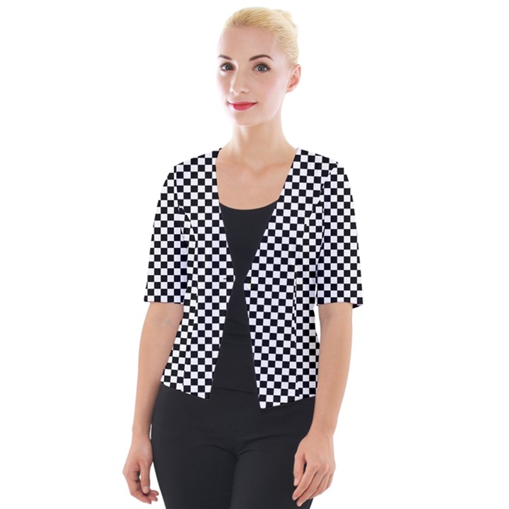 Black And White Background Black Board Checker Cropped Button Cardigan