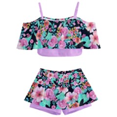 Flower Black Pink Kids  Off Shoulder Skirt Bikini by flowerland
