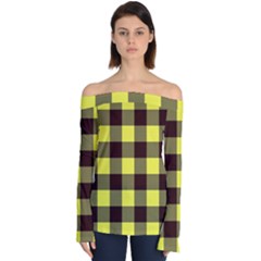 Black And Yellow Big Plaids Off Shoulder Long Sleeve Top