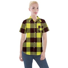 Black And Yellow Big Plaids Women s Short Sleeve Pocket Shirt