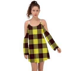 Black And Yellow Big Plaids Kimono Sleeves Boho Dress