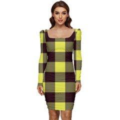Black And Yellow Big Plaids Women Long Sleeve Ruched Stretch Jersey Dress