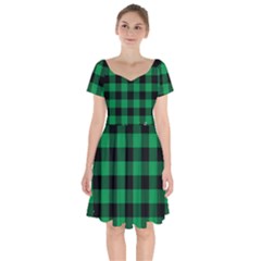 Black And Green Modern Plaids Short Sleeve Bardot Dress by ConteMonfrey