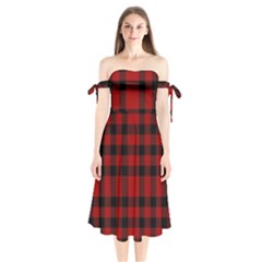 Red And Black Plaids Shoulder Tie Bardot Midi Dress by ConteMonfrey