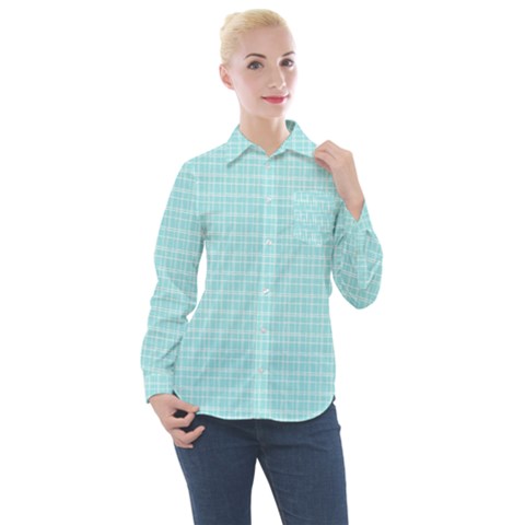 Turquoise Small Plaids Lines Women s Long Sleeve Pocket Shirt by ConteMonfrey