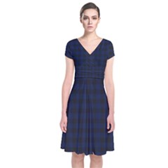 Black And Blue Classic Small Plaids Short Sleeve Front Wrap Dress by ConteMonfrey
