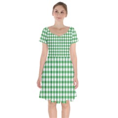 Straight Green White Small Plaids Short Sleeve Bardot Dress by ConteMonfrey