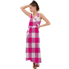 Pink And White Plaids V-neck Chiffon Maxi Dress by ConteMonfrey
