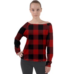 Red And Black Plaids Off Shoulder Long Sleeve Velour Top by ConteMonfrey