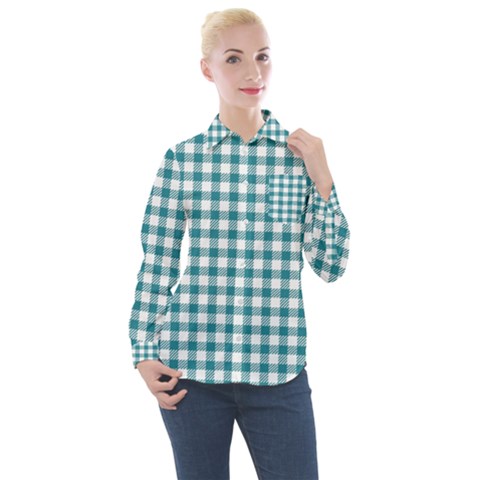 Straight Blue White Small Plaids Women s Long Sleeve Pocket Shirt by ConteMonfrey