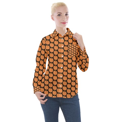 Cute Pumpkin Black Small Women s Long Sleeve Pocket Shirt by ConteMonfrey