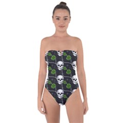Green Roses And Skull - Romantic Halloween   Tie Back One Piece Swimsuit by ConteMonfrey