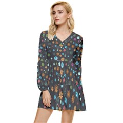 Floral Flower Leaves Background Floral Tiered Long Sleeve Mini Dress