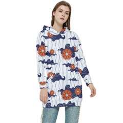 Blue And White Pottery Pattern Women s Long Oversized Pullover Hoodie