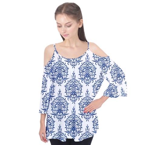 Blue And White Ornament Damask Vintage Flutter Tees by ConteMonfrey