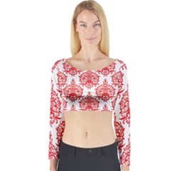 White And Red Ornament Damask Vintage Long Sleeve Crop Top by ConteMonfrey