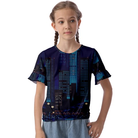 City Building Pixel Art Vaporwave Kids  Cuff Sleeve Scrunch Bottom Tee by danenraven