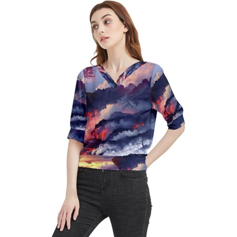 Cherry Blossom Tree On Cliff Digital Wallpaper Cherry Blossom On Cliff Mountain Nature Quarter Sleeve Blouse by danenraven