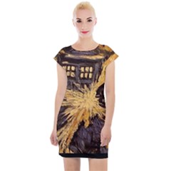Brown And Black Abstract Painting Doctor Who Tardis Vincent Van Gogh Cap Sleeve Bodycon Dress by danenraven