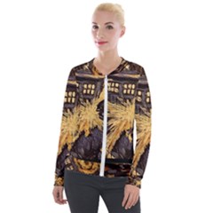 Brown And Black Abstract Painting Doctor Who Tardis Vincent Van Gogh Velvet Zip Up Jacket by danenraven