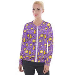 Pattern-purple-cloth Papper Pattern Velvet Zip Up Jacket by nateshop