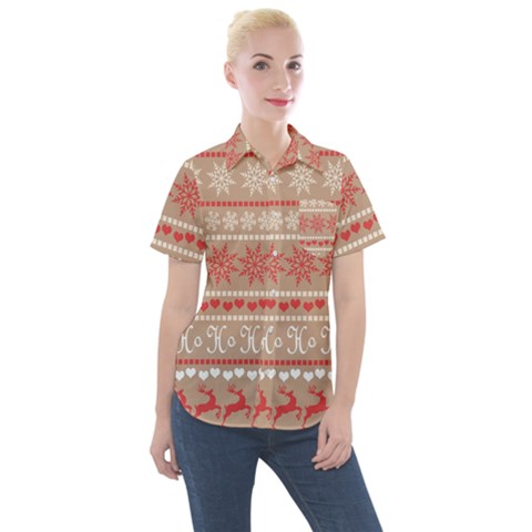 Christmas-pattern-background Women s Short Sleeve Pocket Shirt by nateshop