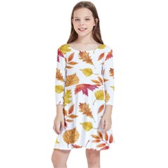 Watercolor-autumn-leaves-pattern-vector Kids  Quarter Sleeve Skater Dress by nateshop