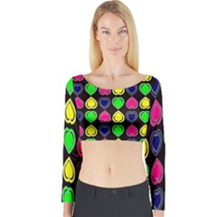 Black Blue Colorful Hearts Long Sleeve Crop Top by ConteMonfrey