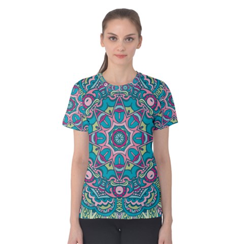 Green, Blue And Pink Mandala  Women s Cotton Tee by ConteMonfrey