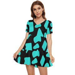 Blue Neon Cow Background   Tiered Short Sleeve Babydoll Dress by ConteMonfrey