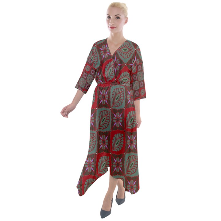 Batik-tradisional-02 Quarter Sleeve Wrap Front Maxi Dress