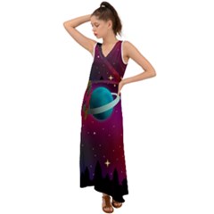 Asteroid Comet Star Space Aurora V-neck Chiffon Maxi Dress by Wegoenart